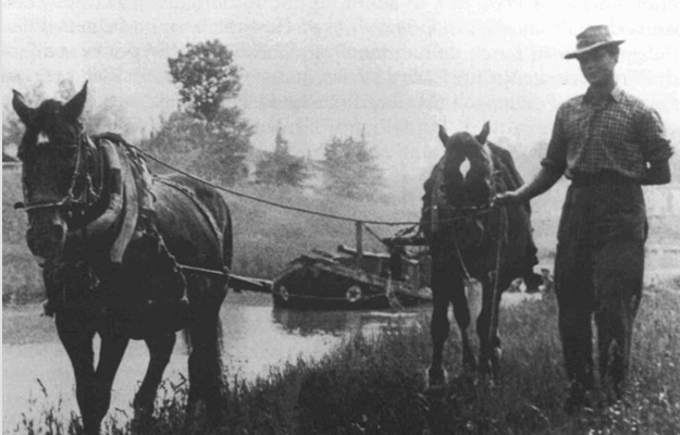 Two horses pulling a burchiello down the Brenta, early 20th century.