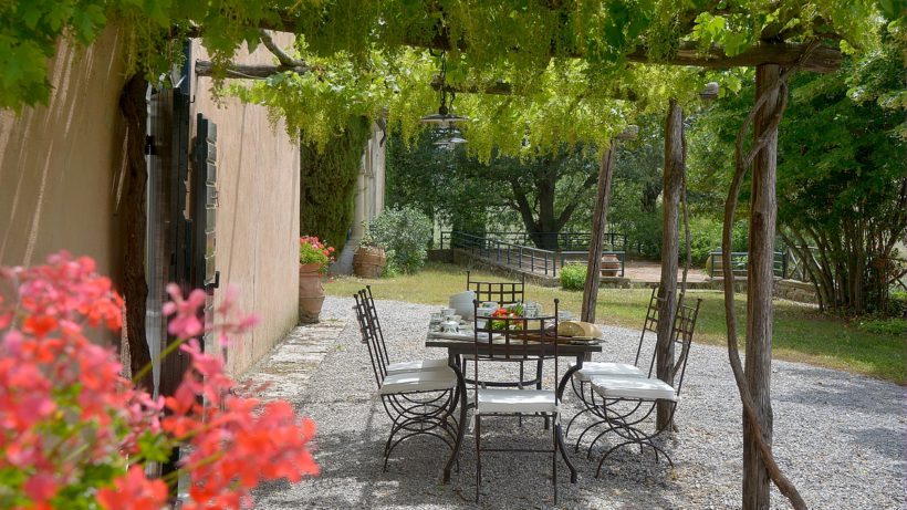 The pergola in front of the house, covered in vine
